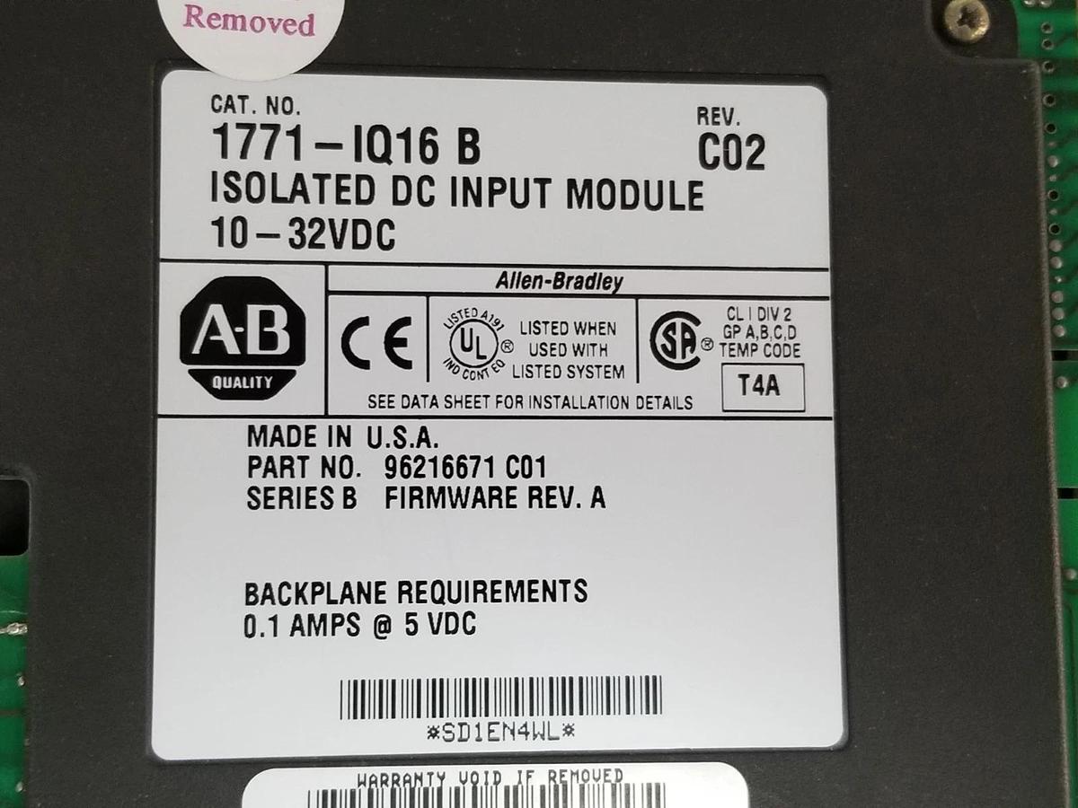 Refurbished ALLEN BRADLEY 1771-IQ16 INPUT MODULE SER. B REV. C02 F/W. REV. A REPAIRED