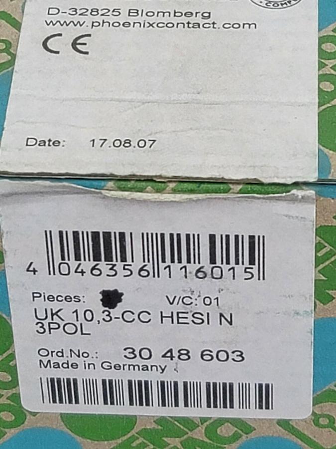 Used NEW PHOENIX CONTACT UK 10,3-CC HESI N 3POL TERMINAL BLOCK 30 48 603