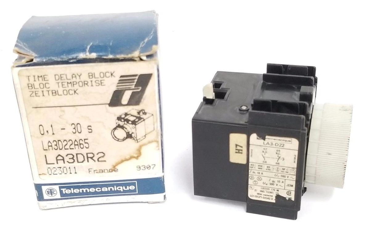 Used TELEMECANIQUE LA3D22A65 TIME DELAY BLOCK 10AMP .1-30SEC 500VAC 1NO/1NC, LA3DR2