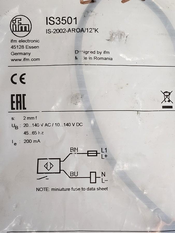NEW IFM IS-2002-AROA/12"K INDUCTIVE SENSOR IS3501 2MM SENSING RANGE
