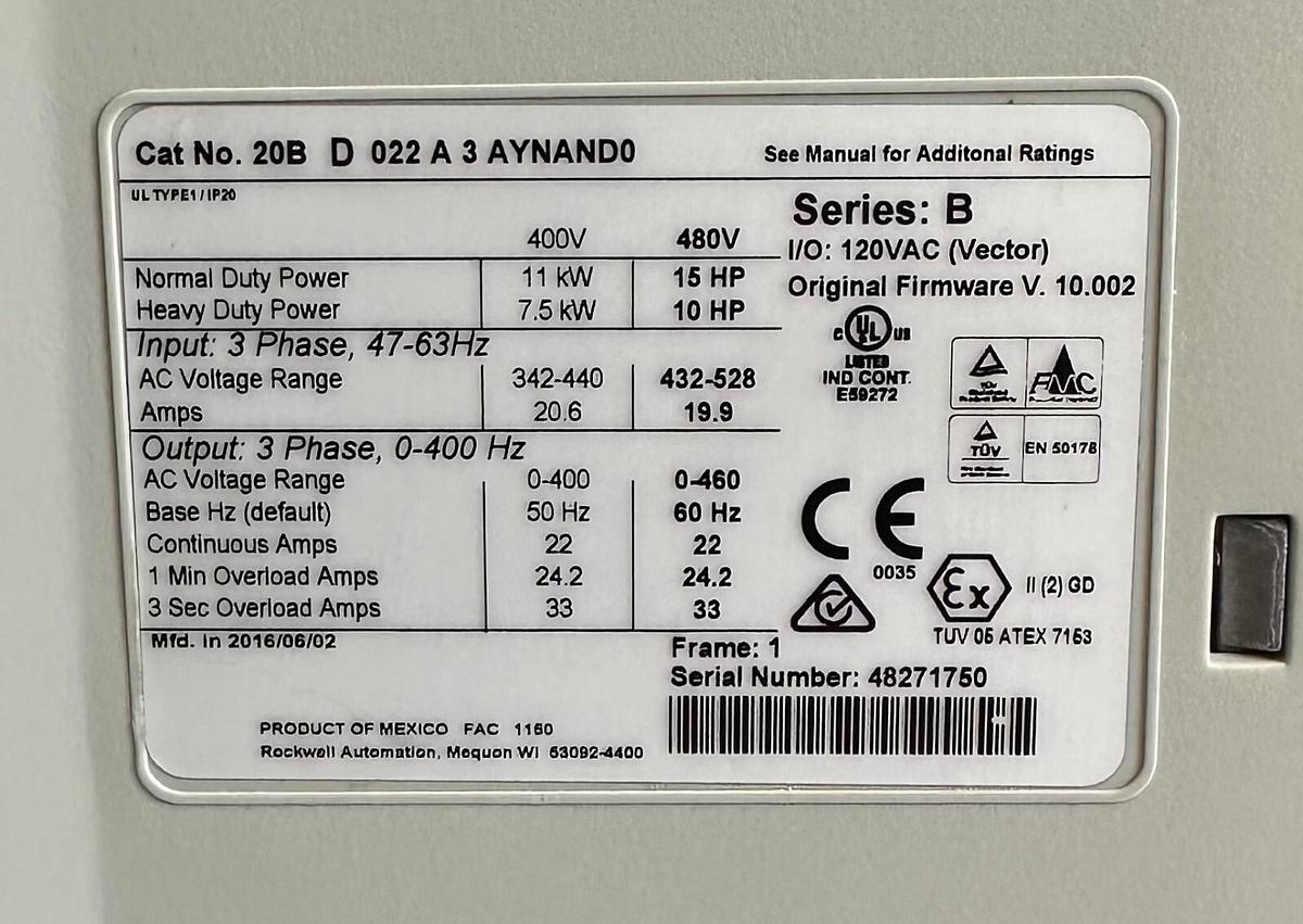Used ALLEN BRADLEY 20BD022A3AYNAND0 /B PowerFlex 700 AC DRIVE 11kW/15HP 480V 10.002