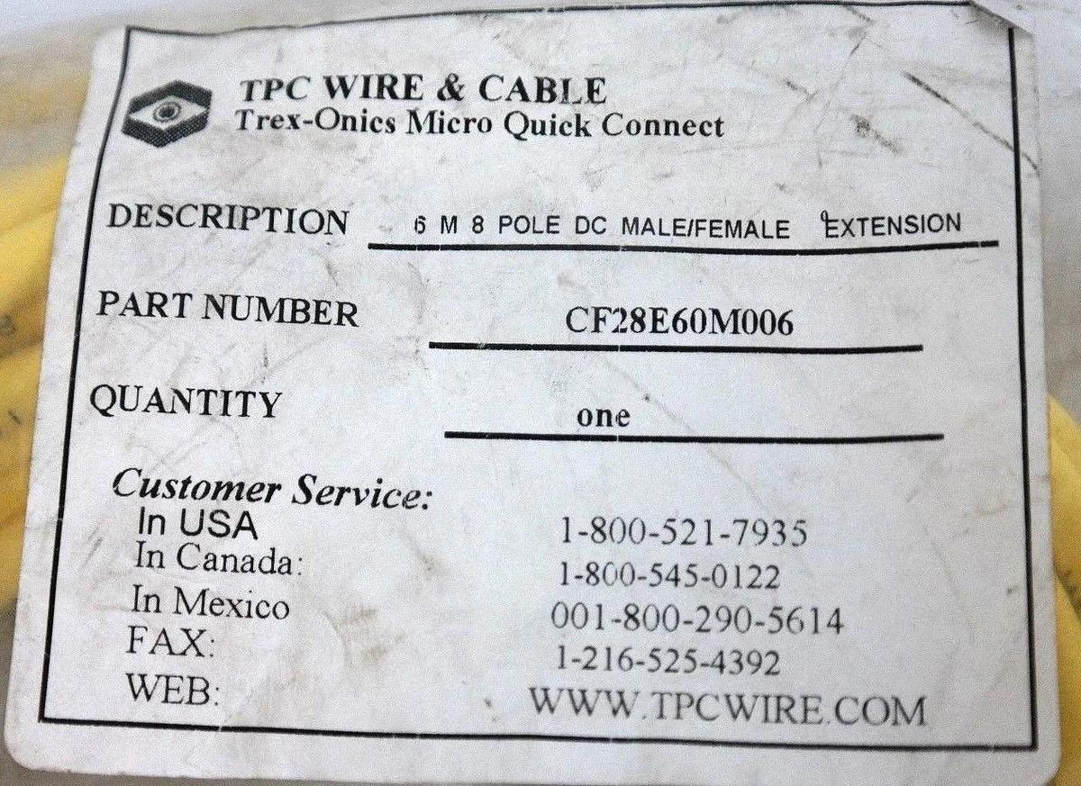 Used NEW TPC WIRE & CABLE CF28E60M006 TREX-ONICS MICRO QUICK CONNECT CABLE 6M 8P M/F