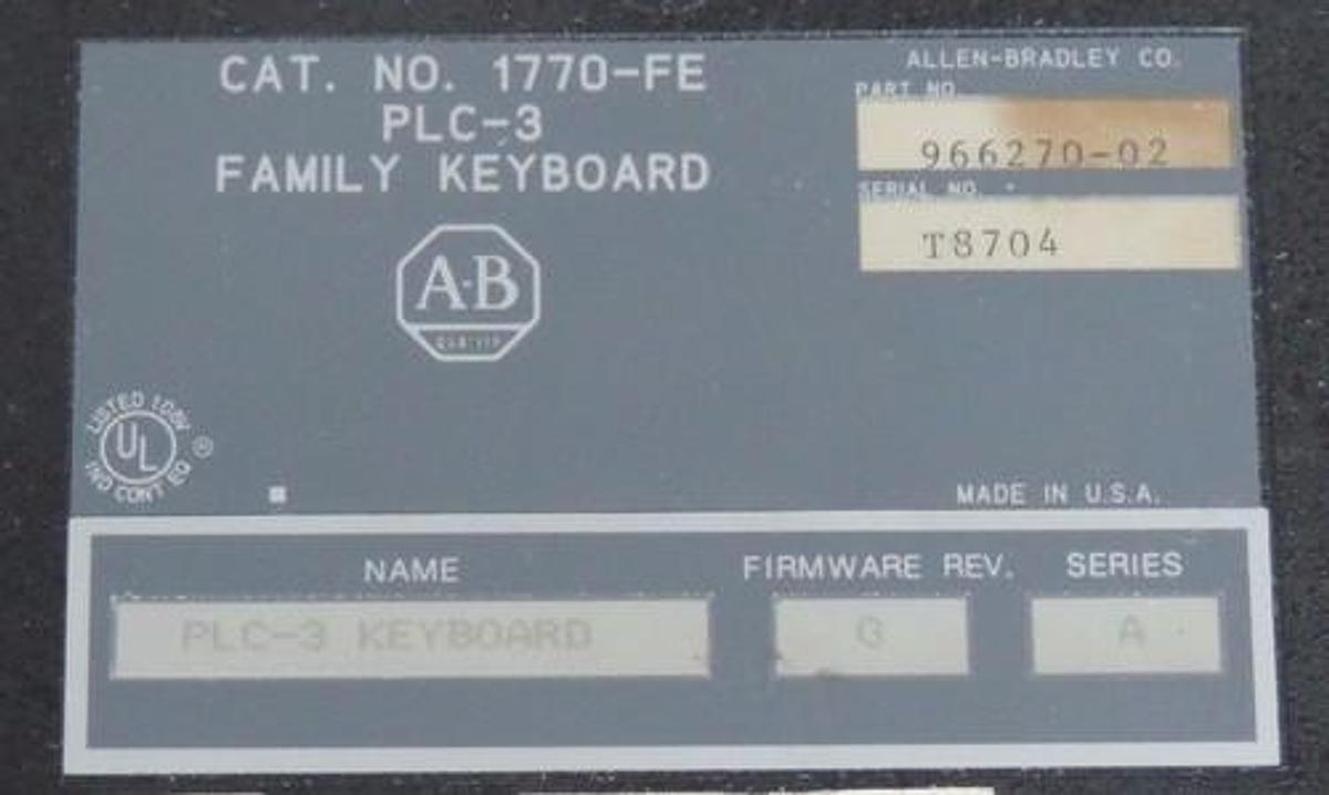 Used ALLEN BRADLEY 1770-FE PLC-3 KEYBOARD MODULE P/N 966270-02 F/W REV G SER A 1770FE