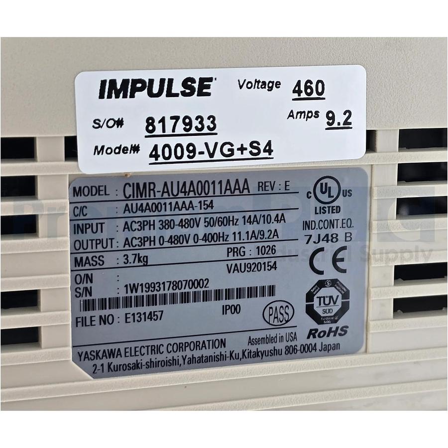 MAGNETEK YASKAWA 4009-VG+S4 IMPULSE VG+ SERIES 4 VFD 460V 5HP CIMR-AU4A0011AAA