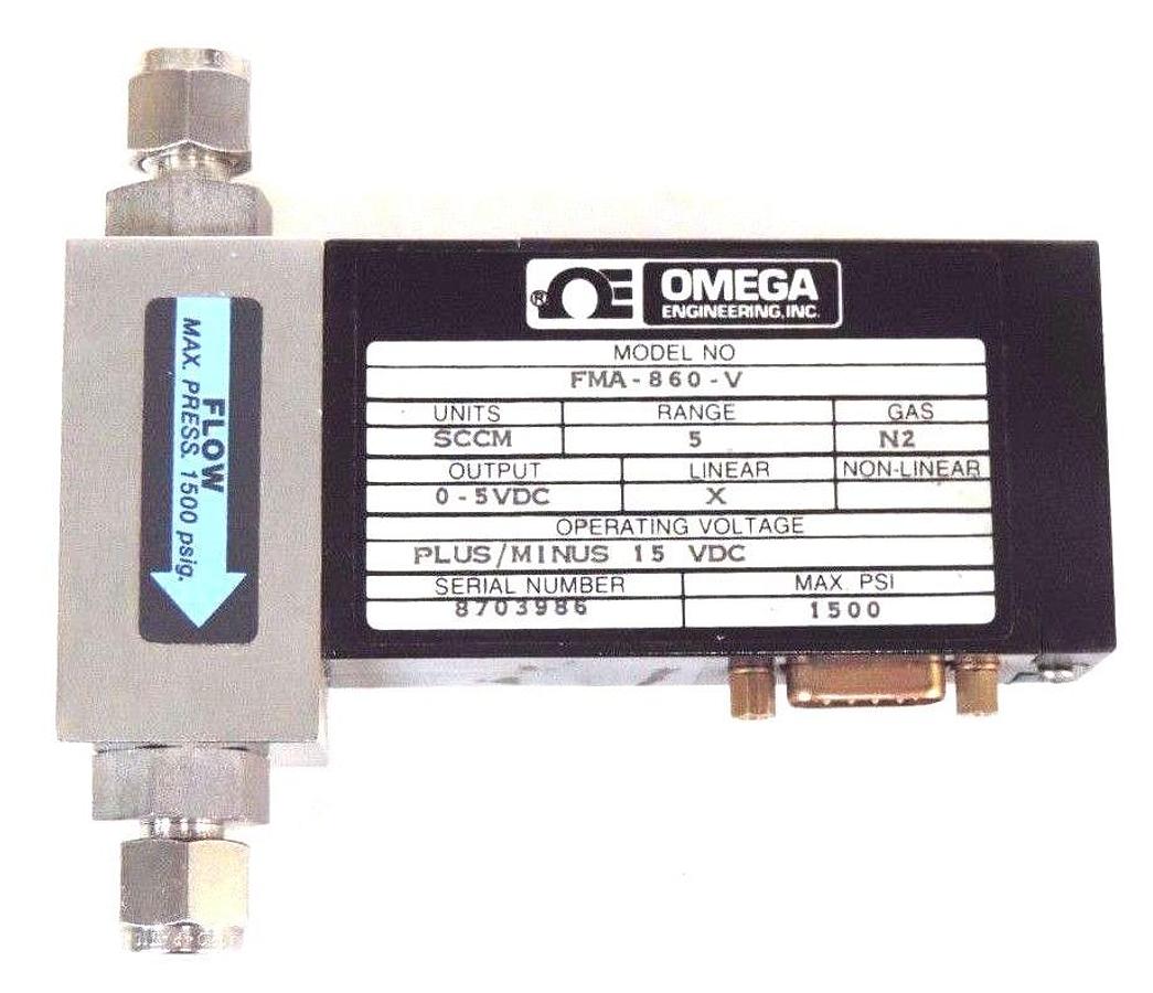 Used NIB OMEGA FMA-860-V FLOW METER 0/5VDC, X LINEAR, SCCM, N2, 1500PSI, FMA860V