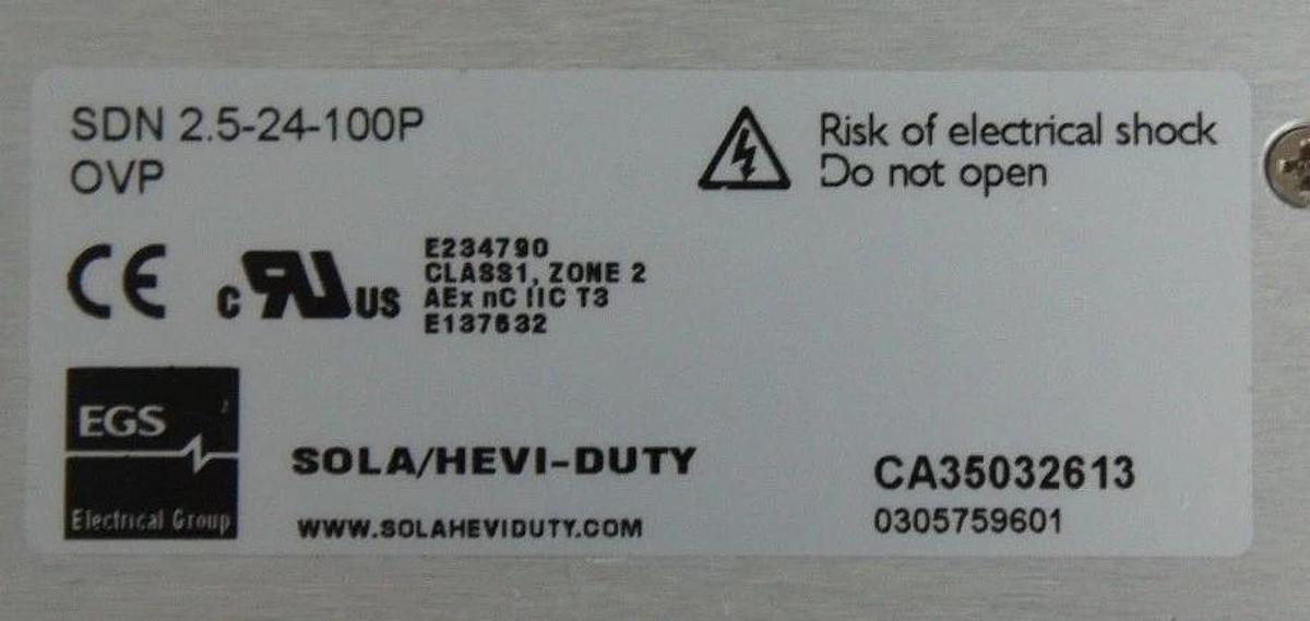 Used SOLA ELECTRIC SDN-2.5-24-100P POWER SUPPLY 24VDC 2.5AMP SDN2524100P