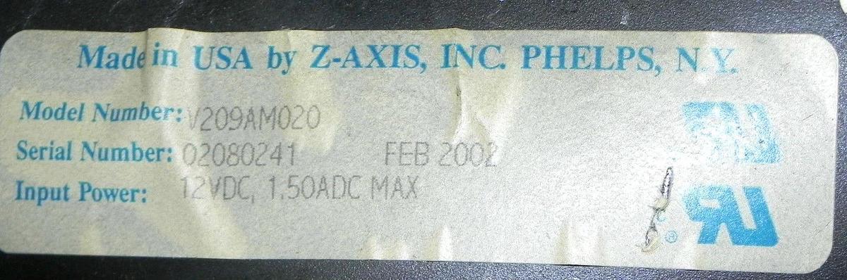 Used Z AXIS INC V209AM020 MONITOR CRT 12VDC 1.50ADC MAX 9IN DISPLAY W/O ENCL