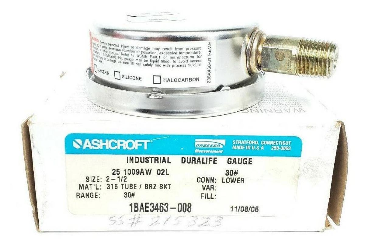 Used ASHCROFT 25-1009AW-02L PRESSURE GAUGE 2-1/2" 0-30PSI 30# 1BAE3463-008 238A460-01