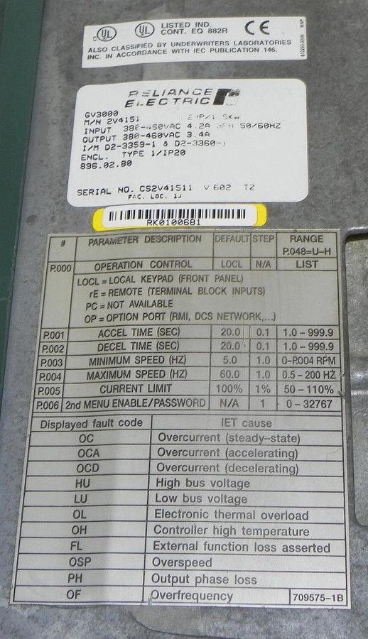 Used RELIANCE ELECTRIC GV3000 AC DRIVE M/N: 2V4151