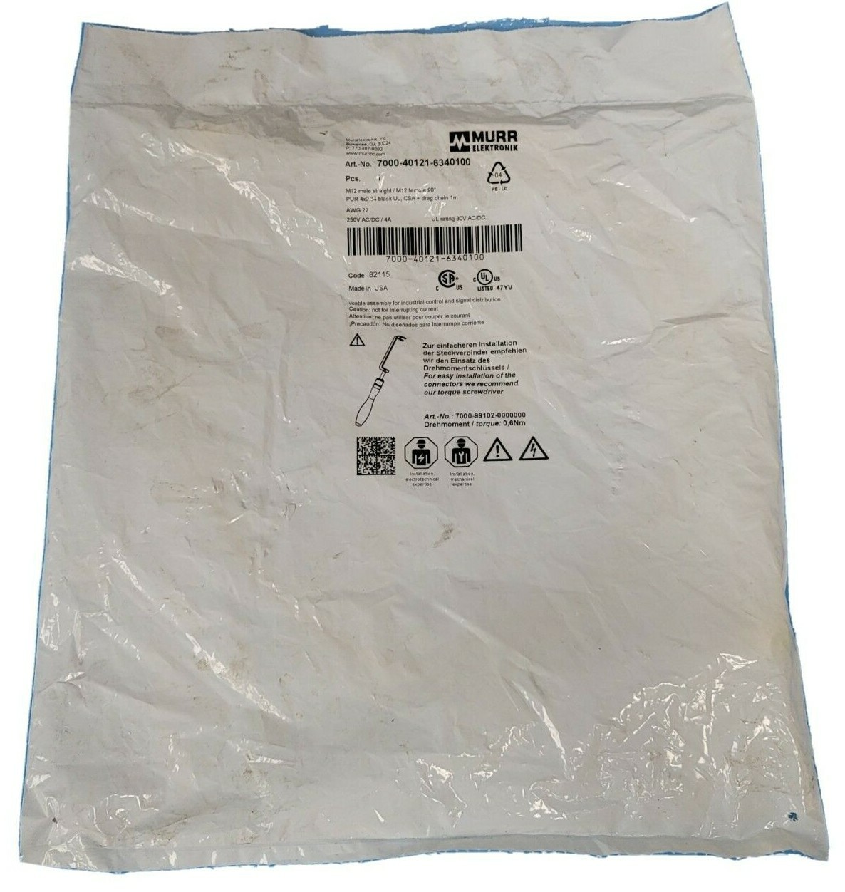 NEW MURR ELEKTRONIX 7000-40121-6340100 M12 MALE 0° / M12 FEMALE 90°