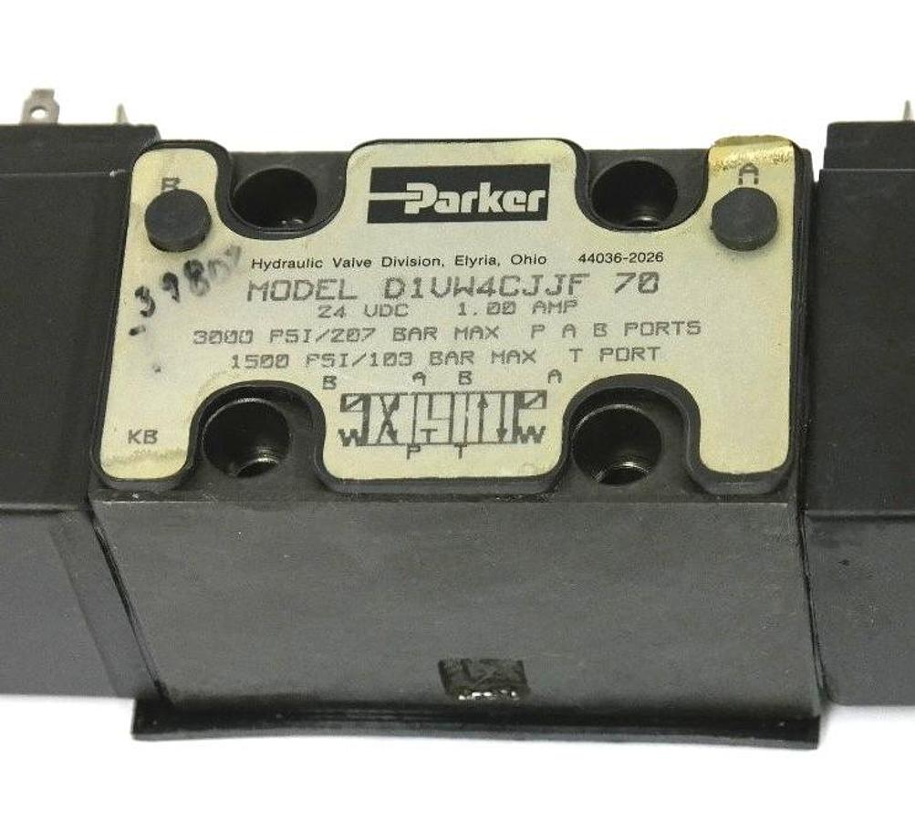 Used PARKER D1VW4CJJF 70 HYDRAULIC VALVE 24 VDC 1.00 AMP 24 WATTS COIL