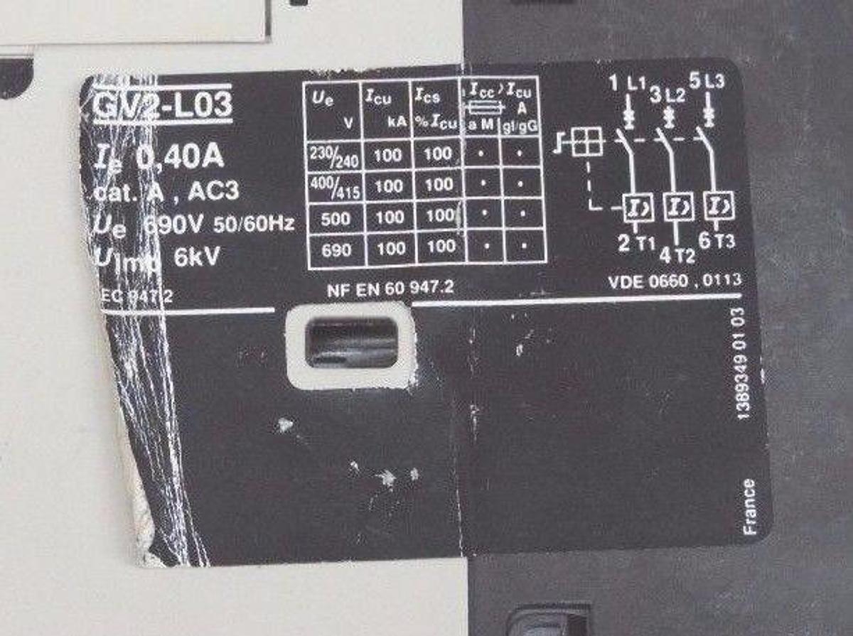 Used TELEMECANIQUE GV2-L03 MANUAL STARTER SWITCH 40A, 690V, 50/60HZ, GV2L03