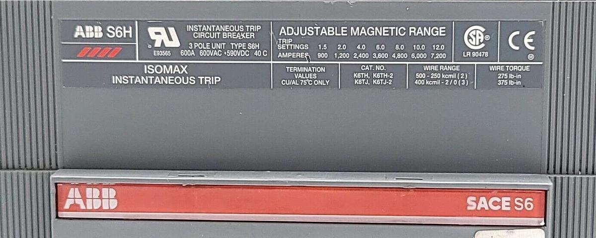 Used ABB S6H SACE S6 ISOMAX INSTANTANEOUS CIRCUIT BREAKER W/ SACE PR211 TRIP UNIT