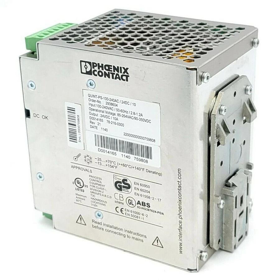 Used PHOENIX CONTACT QUINT-PS-100-240AC/24DC/10 POWER SUPPLY ORDER NO. 2938604