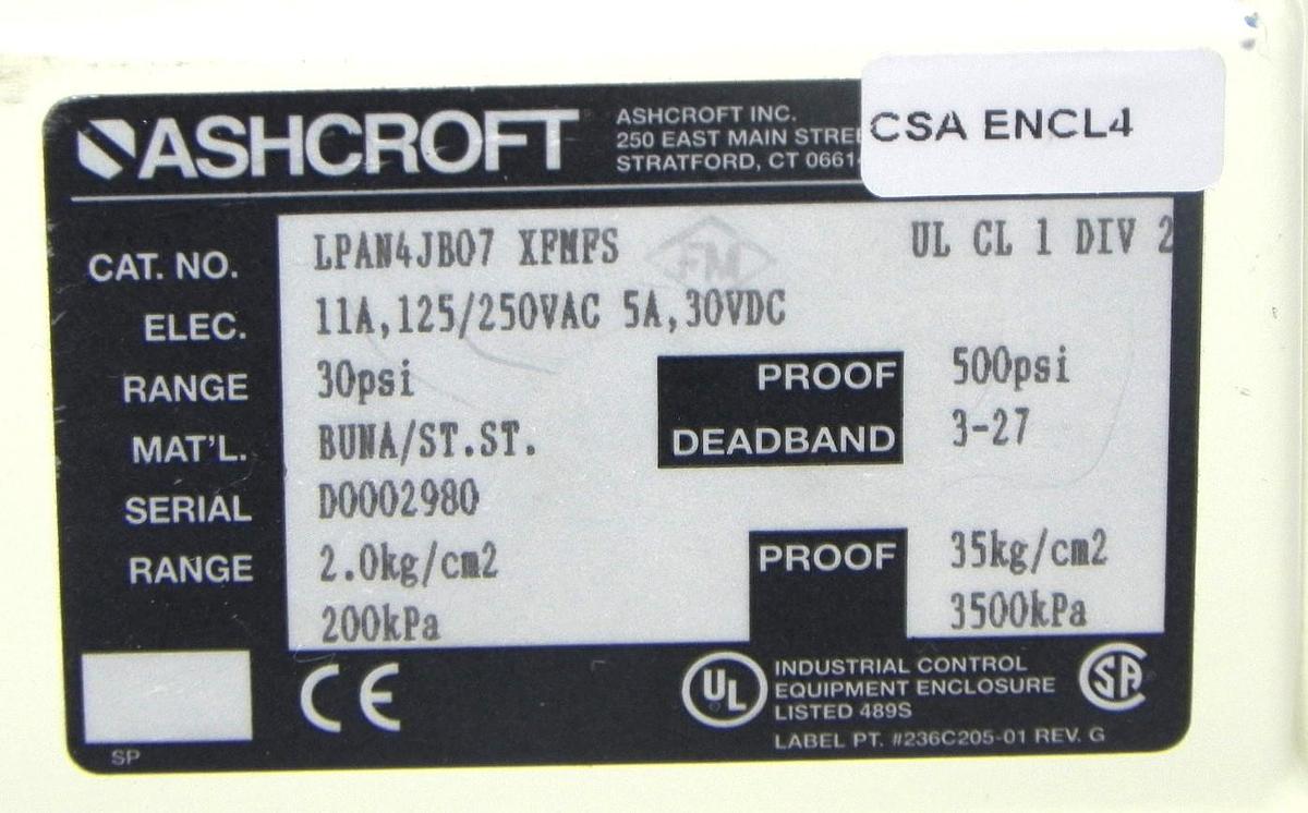 Used NEW ASHCROFT LPAN4HB07 XFMFS PRESSURE SWITCH LPAN4HB07XFMFS