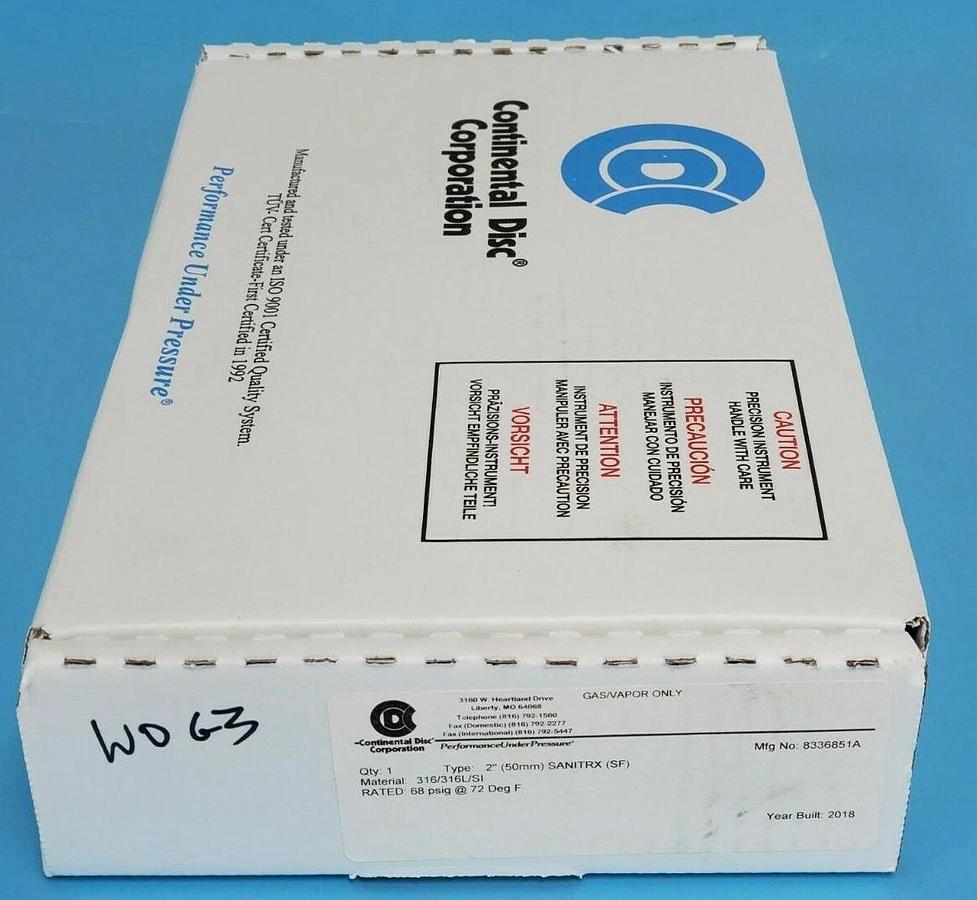 Used NIB CONTINENTAL DISC CORP. 8336851A TYPE: 2'' SANITRX (SF) 50MM GAS/VAPOR