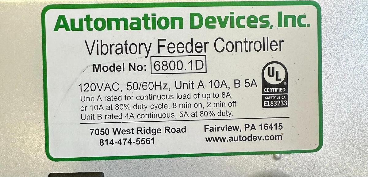 NEW AUTOMATION DEVICES INC. 6800.1D / 68001D VIBRATORY FEEDER CONTROLLER 120VAC
