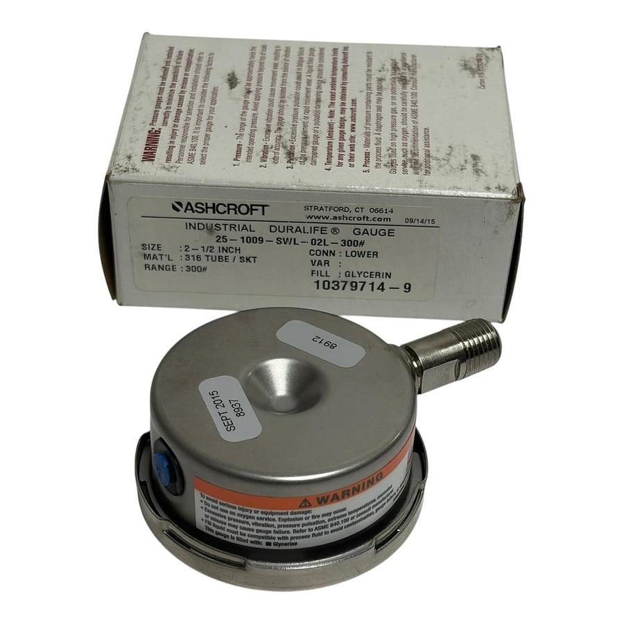 Used Ashcroft 25-1009-SWL-02L-300# Duralife 2.5" Pressure Gauge 300 PSI Glycerin New