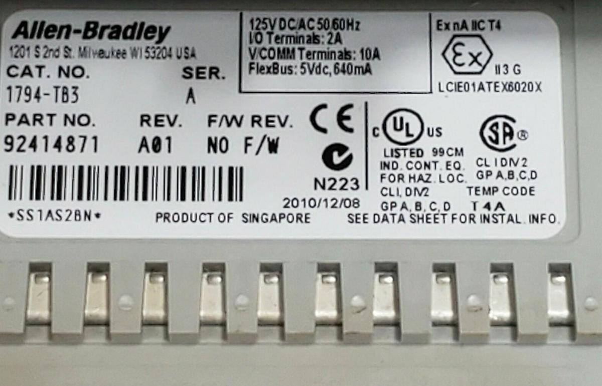 Used LOT OF 2 ALLEN BRADLEY 1794-TB3 TERMINAL BASE 1794TB3 SER. A REV. A01 P/N: 92414