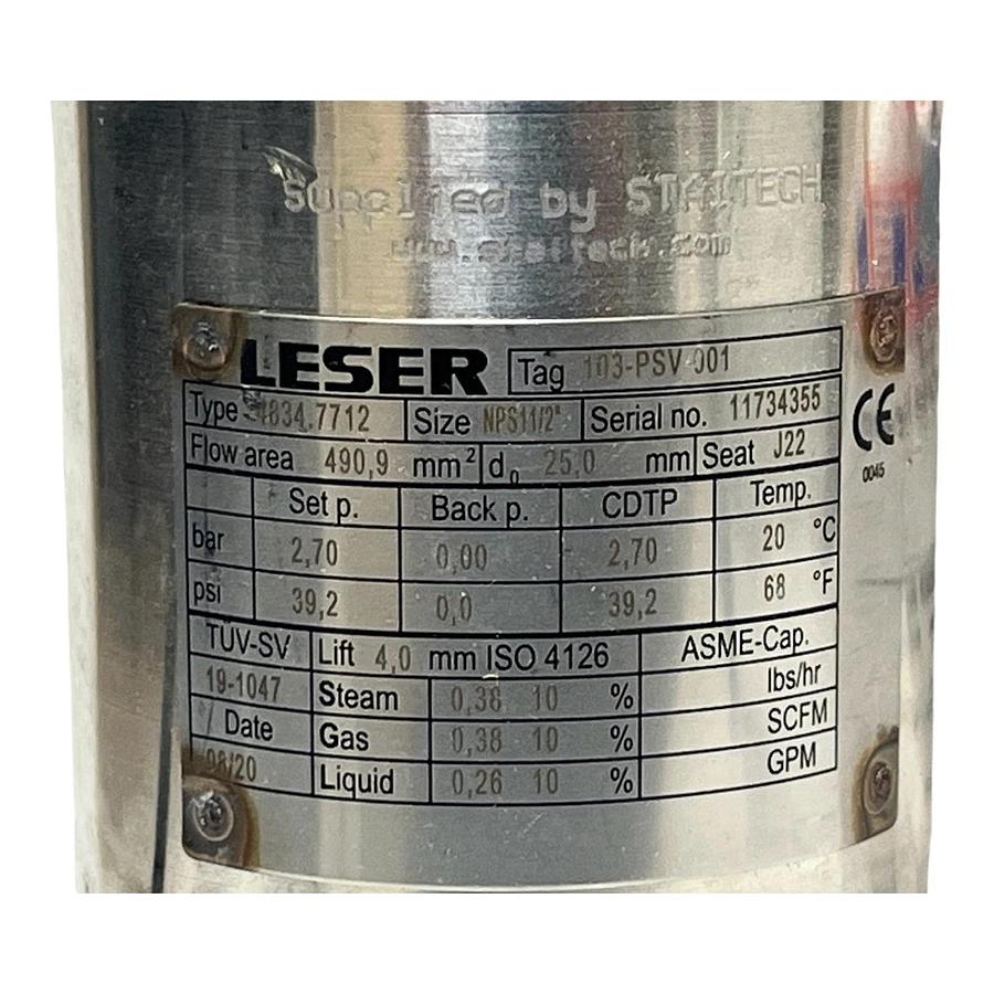 Leser Type 483 Clean Service Safety Relief Valve Art-No 4834.7712 2.70 bar