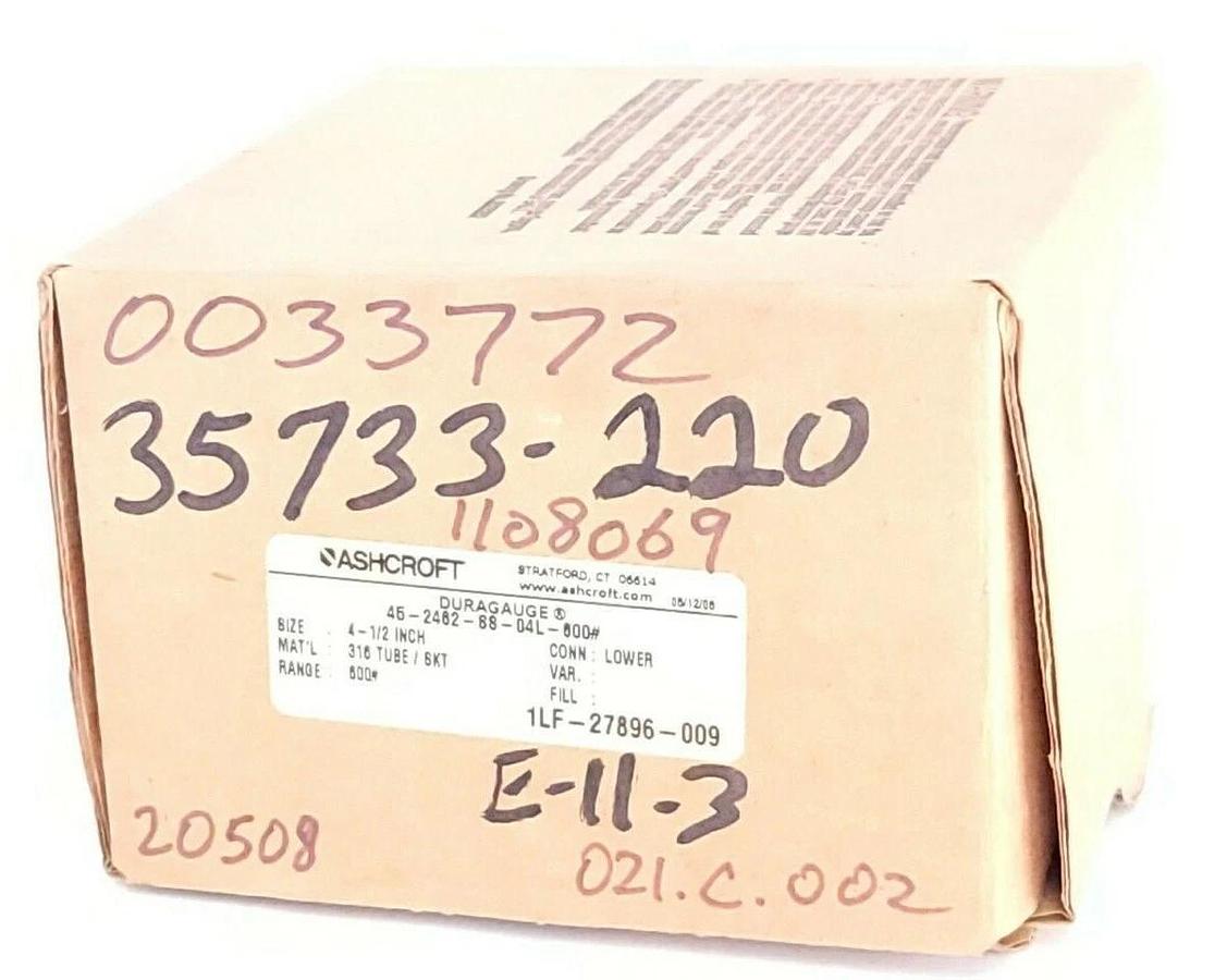 Used NIB ASHCROFT 45-2462-SS-04L-600# DURAGAUGE SIZE: 4-1/2'' 452462SS04L RANGE: 600#