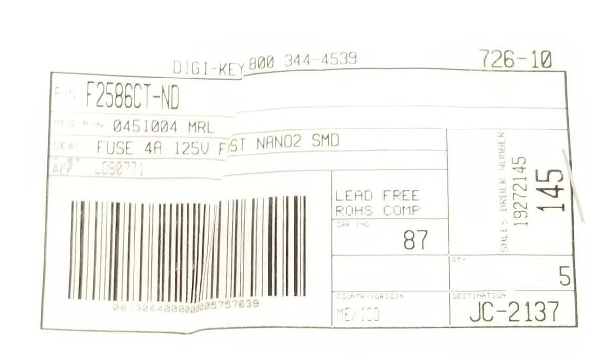 Used LOT OF 5 NEW DIGI-KEY 0451004.MRL FUSES 4A 125V FAST NANO2 SMD F2586CT-ND