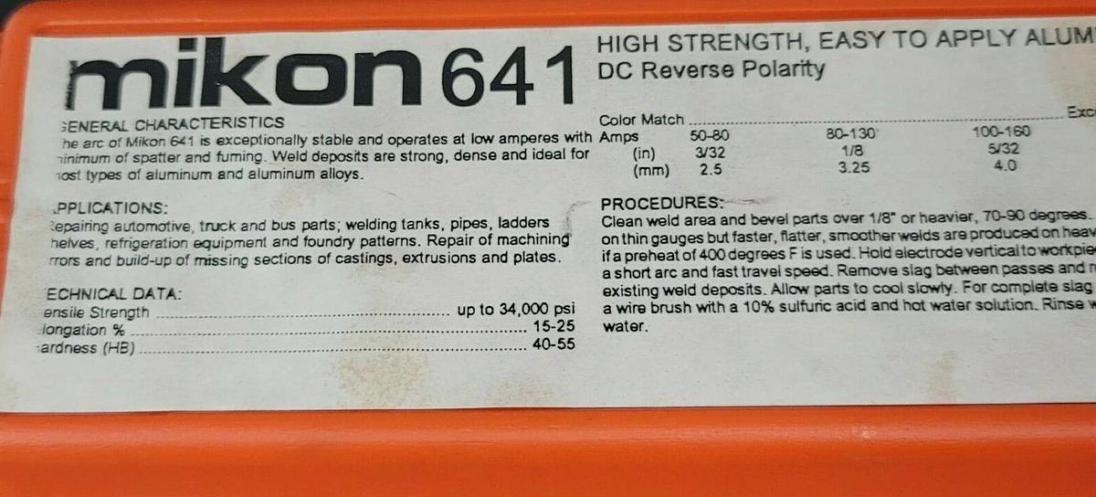 Used NEW MIKON 641 HIGH STRENGTH, ALUMINUM ALLOY WELDING RODS DIA. 3/32 NT WT. 5#