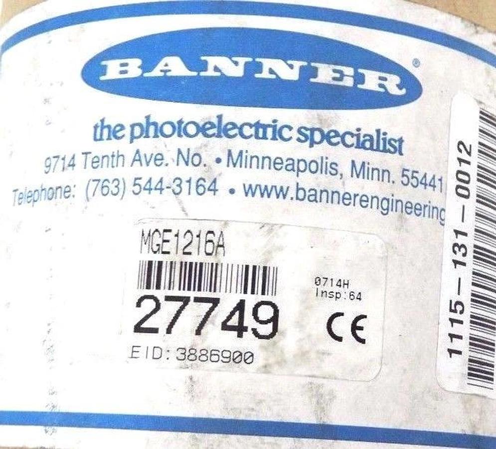 Used BANNER MGE1216A LIGHT CURTAIN EMITTER GUARD 27749, 38MM