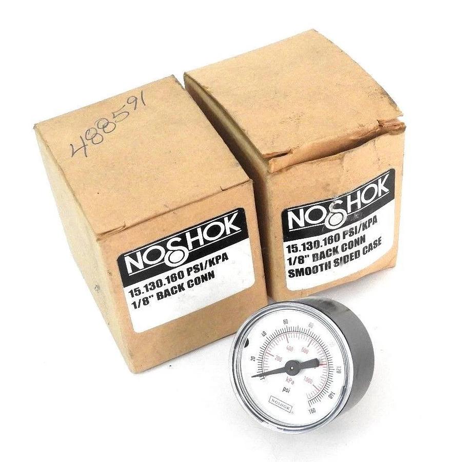 Used LOT OF 2 NIB NOSHOK 15.130.160 PSI/KPA 1/8'' BACK CONN SMOOTH SIDED CASE GAUGES