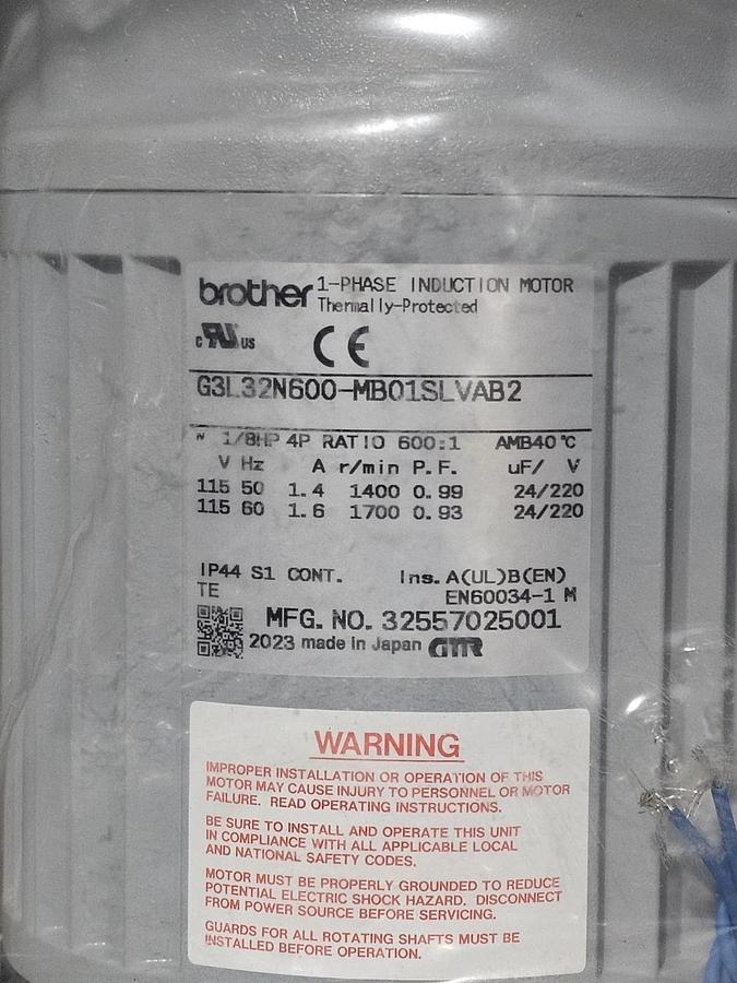 GTR / Brother G3L32N600-MB01SLVAB2 Electric Brake Gearmotor 600:1 1/8HP, 1 Phase