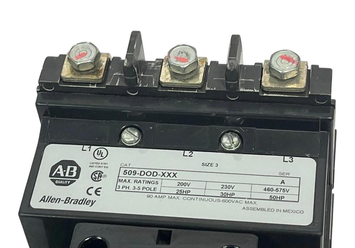 Used Allen-Bradley 509-DOD-XXX /A Size 3 Starter 90A 110/120V Coil  w/ 592-EEGD Relay