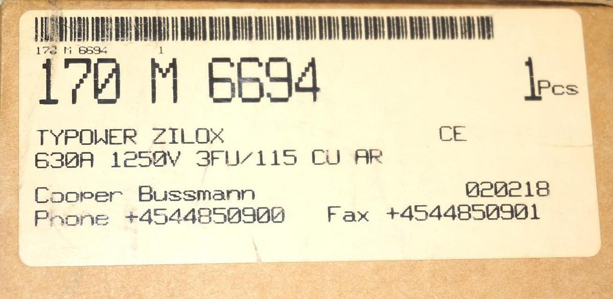 NIB BUSSMANN 170-M-6694 FUSE 630A 1250V 3FU/115 CU AR, 170M6694