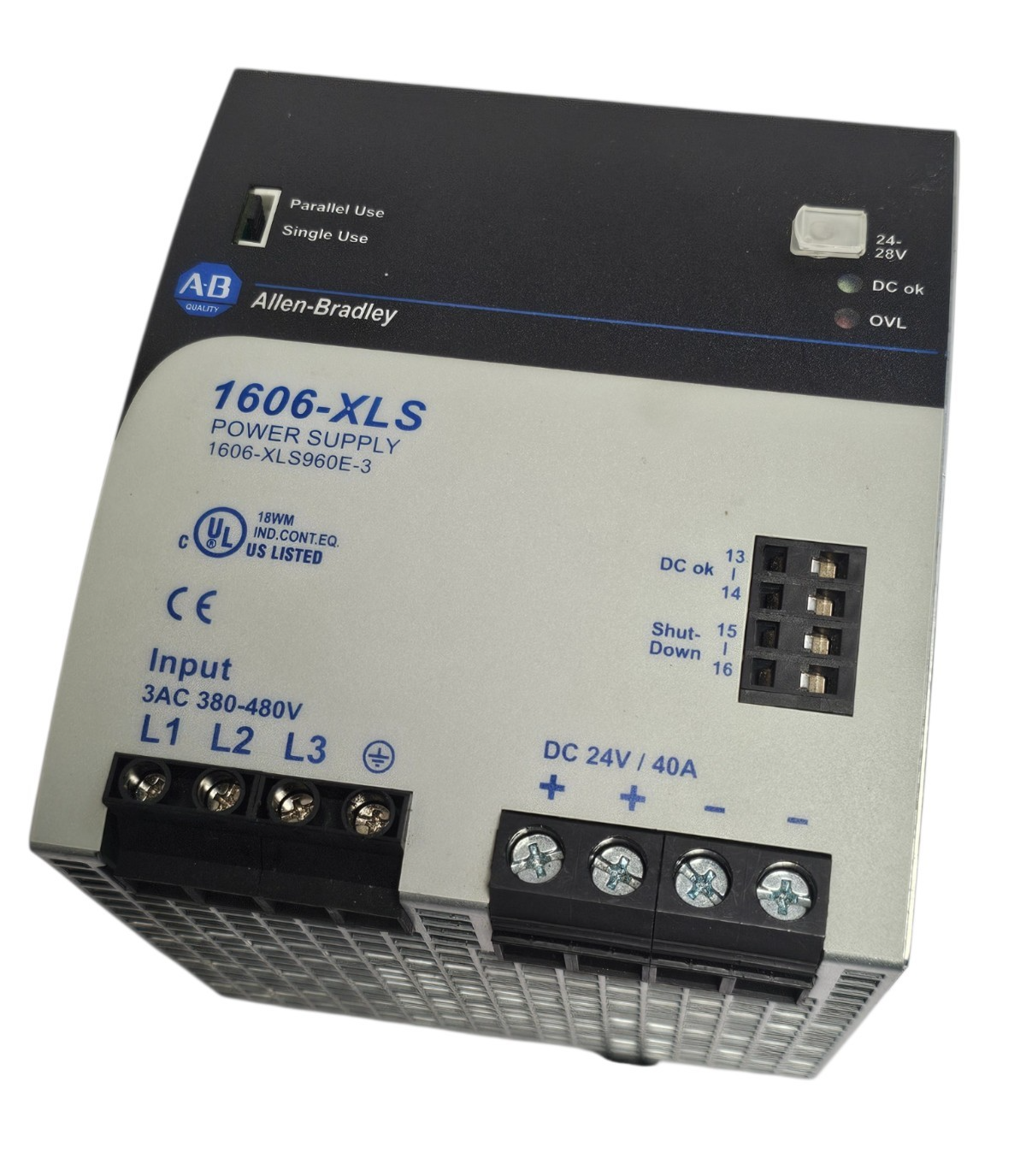 Used ALLEN BRADLEY 1606-XLS960E-3 POWER SUPPLY SER. A 1606XLS960E3 24-28 V DC OUTPUT