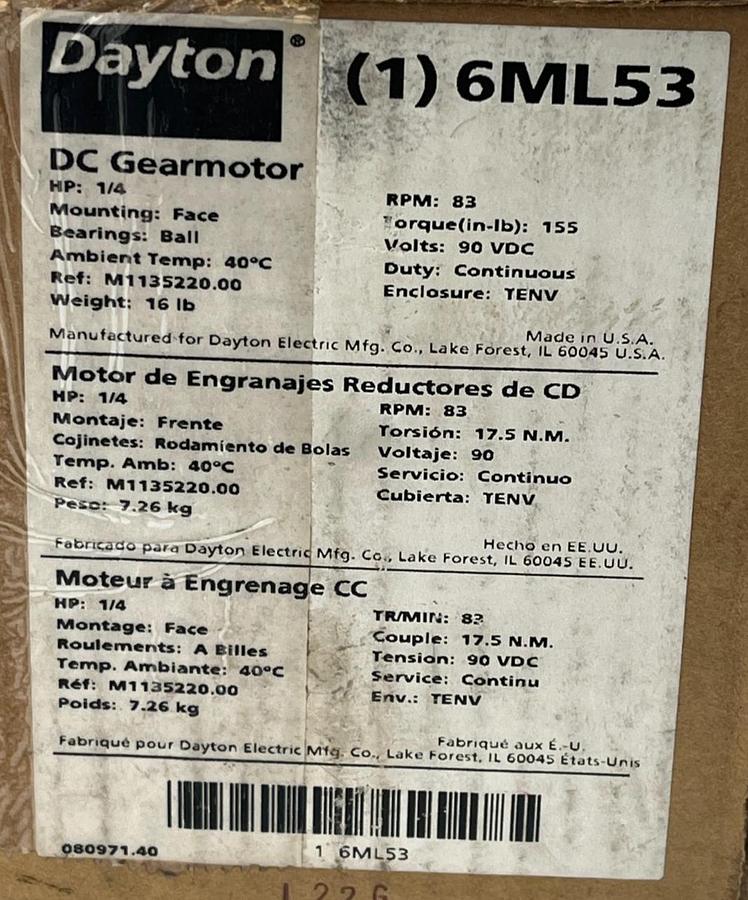 Used DAYTON 6ML53 DC Gearmotor 90V 83 RPM 1/4 HP 155 in-lb Max Torque TENV, NSMP