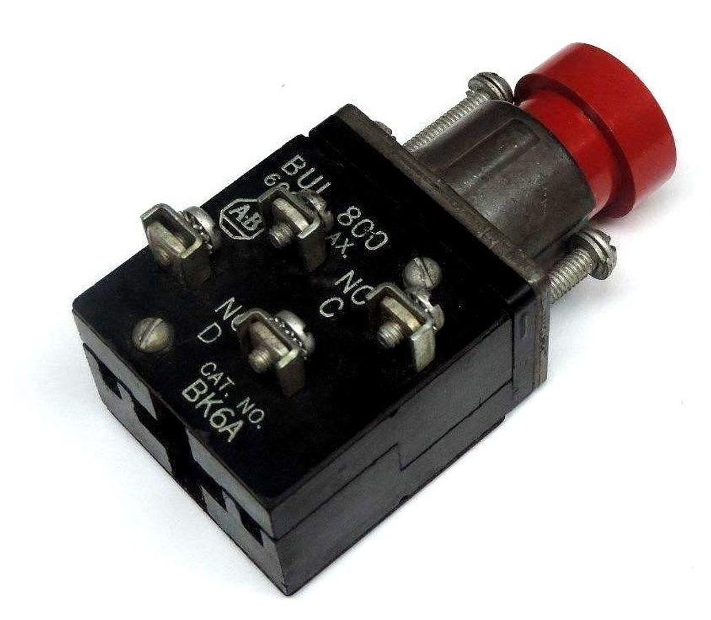 Used ALLEN BRADLEY 800-BK6A PUSHBUTTON EXTENDED HEAD RED 1NO/1NC 800BK6A, 600V MAX.