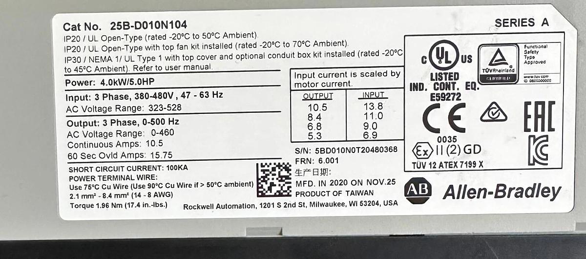 Used ALLEN BRADLEY 25B-D010N104 /A PowerFlex 525 AC DRIVE 4.0kW/5.0HP 25BD010N104