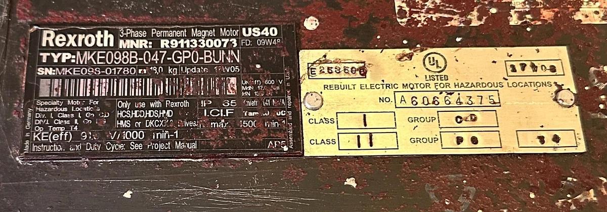 Used REXROTH MKE098B-047-GP0-BUNN / R911330073 HAZARDOUS LOCATION SERVO MOTOR 3-PHASE