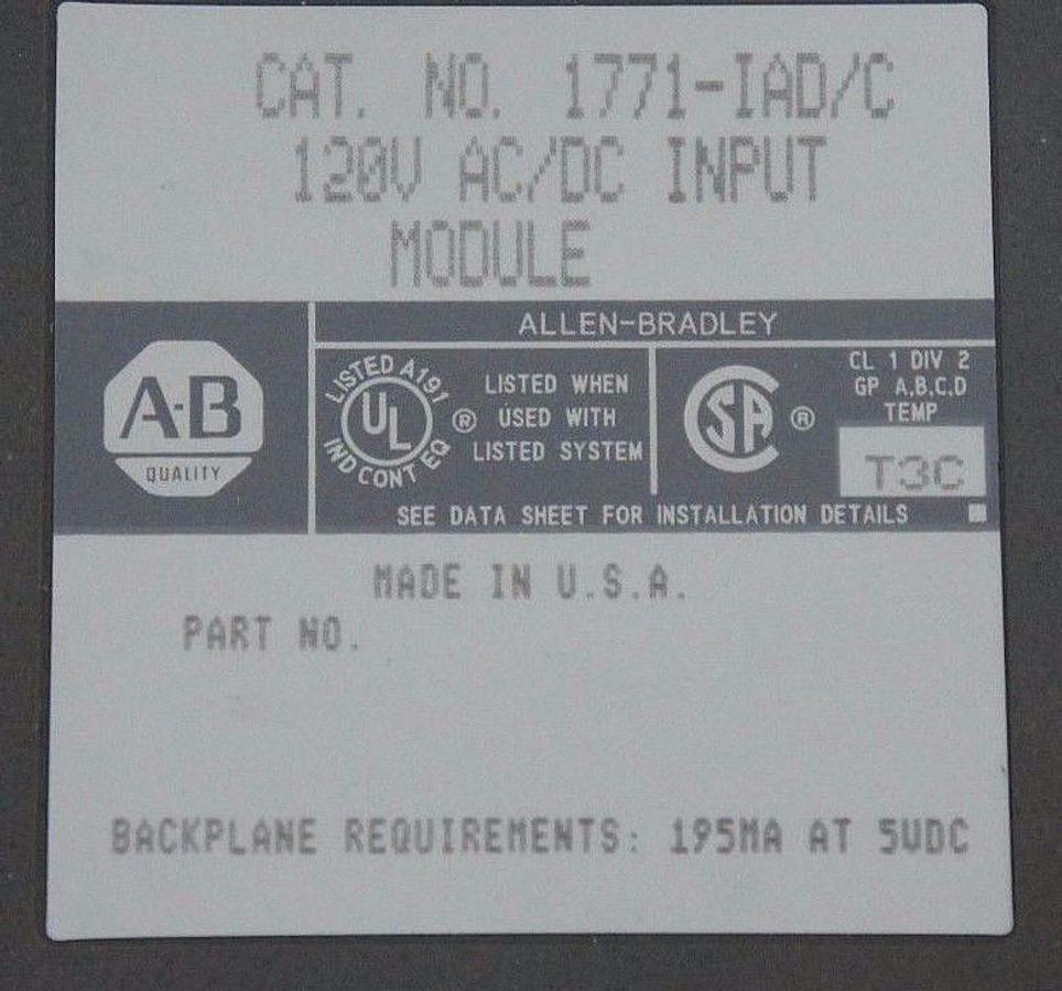 Used ALLEN BRADLEY 1771-IAD/C INPUT MODULE 16-POINT SER. C, 1771IADC