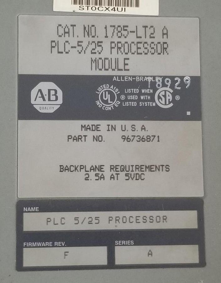 Used ALLEN BRADLEY 1785-LT2 A PROCESSOR MODULE F/W: REV. F, SER. A, 1785LT2