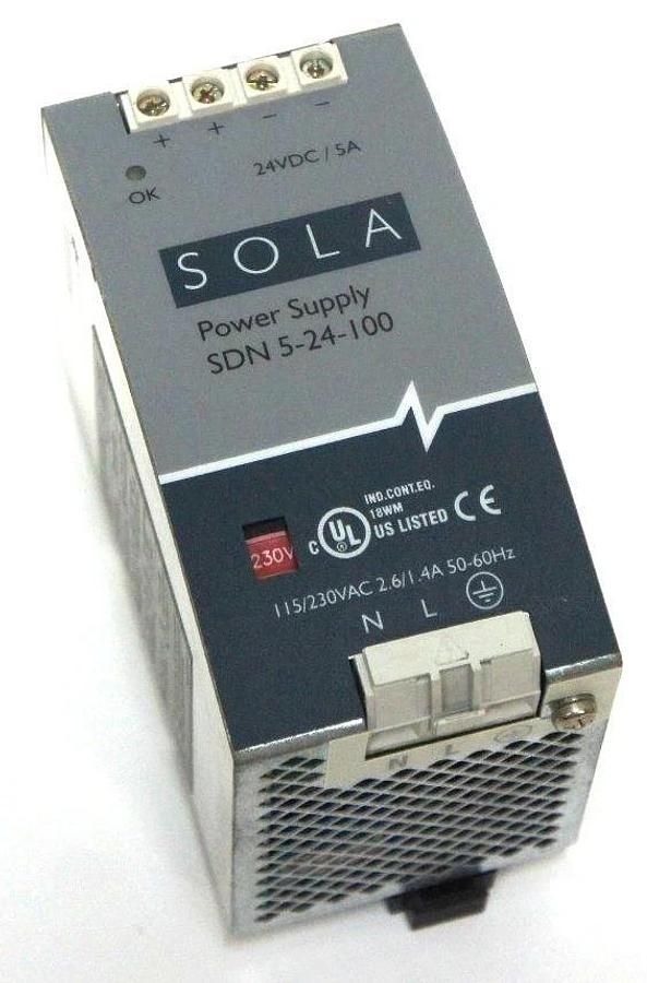 Used SOLA SDN5-24-100 POWER SUPPLY SDN524100, 115/230 VAC, 2.6-1.4A, 50/60HZ