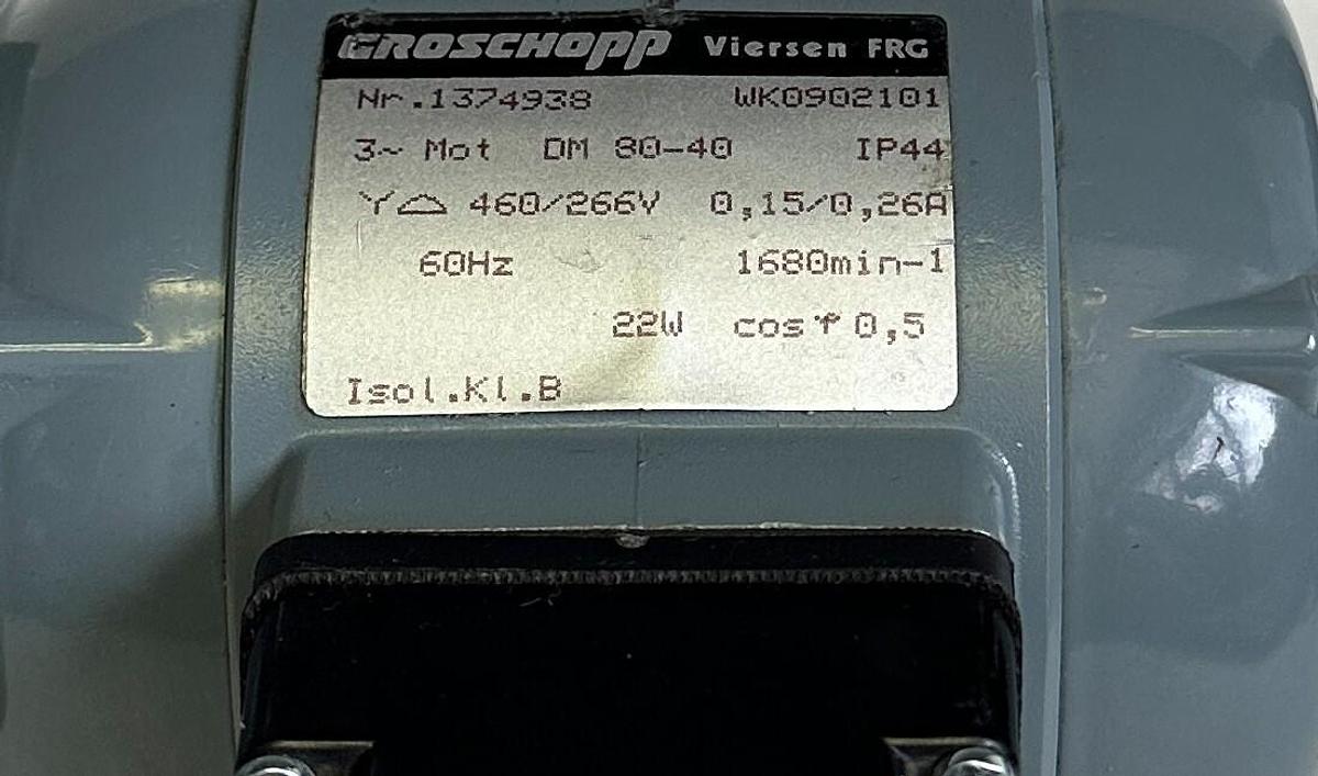 Used NEW GROSCHOPP DM 80-40 / DM8040 GEARMOTOR Z5 460/266V 60Hz 22W WK0902101 1374938