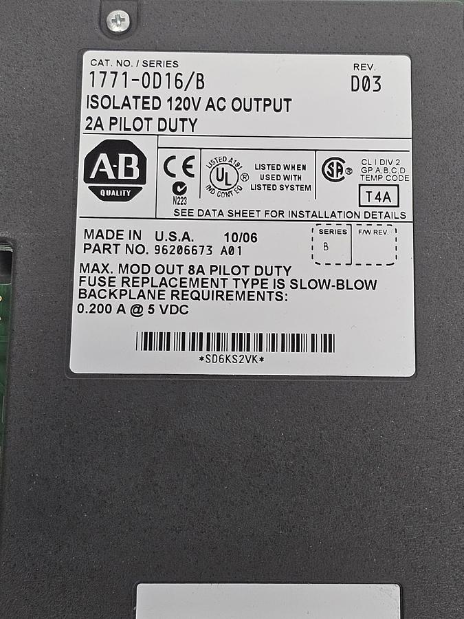 Used ALLEN BRADLEY 1771-OD16 /B REV. D02 ISOLATED 120V AC OUTPUT 2A PILOT DUTY MODULE