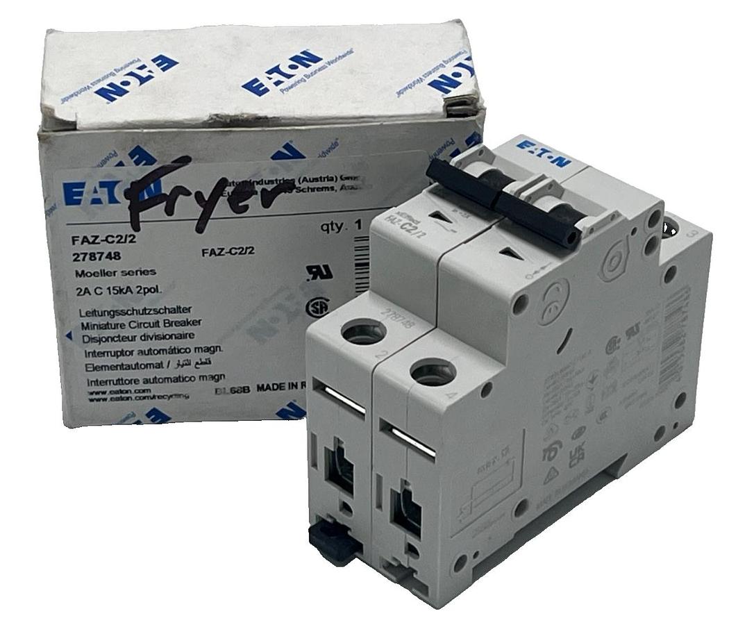 Used EATON FAZ-C2/2 278748 MINIATURE CIRCUIT BREAKER 2A, 2POLE, DIN RAIL MOUNT FSMP