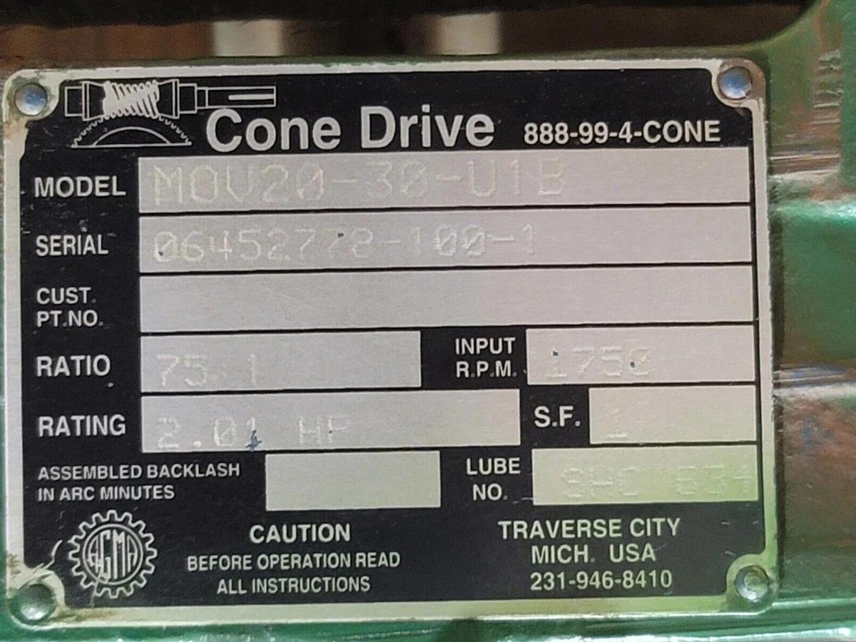 Used NEW CONE DRIVE MOV20-30-U1B GEAR REDUCER 75:1 1750RPM 2.01HP MOV2030U1B