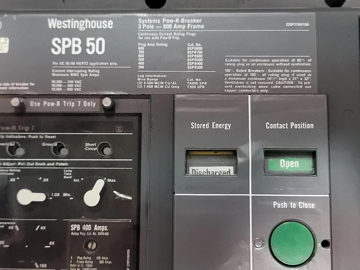 Used WESTINGHOUSE SPB 50 CIRCUIT BREAKER 800A 69-E-8778 SPB50 229P270H10A
