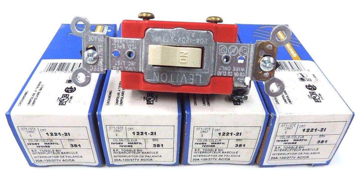 Used LOT OF 4 NIB LEVITON 1221-21 S.P. TOGGLE SWITCHES 20A-120/277V, IVORY