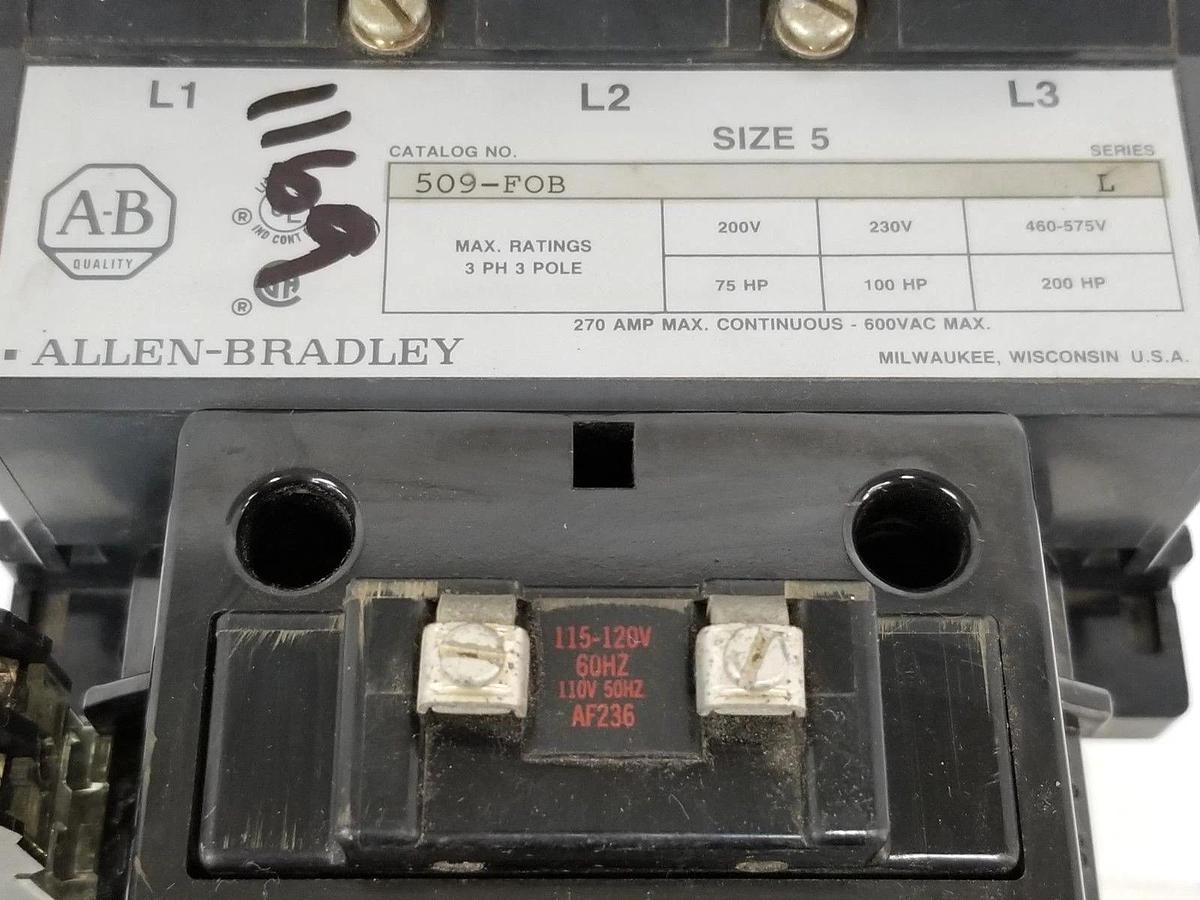 Used ALLEN BRADLEY 509-FOB NON-REVERSING STARTER NEMA SIZE 5, SER. L, 3P, 3PH, 509FOB