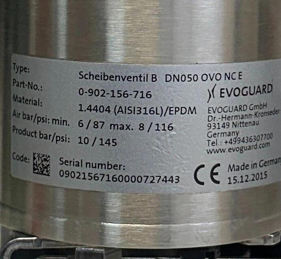 KRONES 0-902-156-716 / 0902156716 EVOGUARD BUTTERFLY VALVE B DN50 OVO NC E NSNP