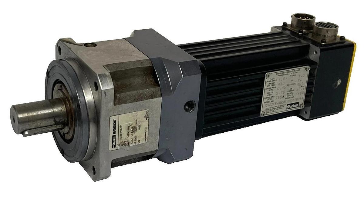 Used PARKER J0702FE-KMSN Servo Motor w/ PS90-010-SH Gearhead 10:1 Ratio 115V AC