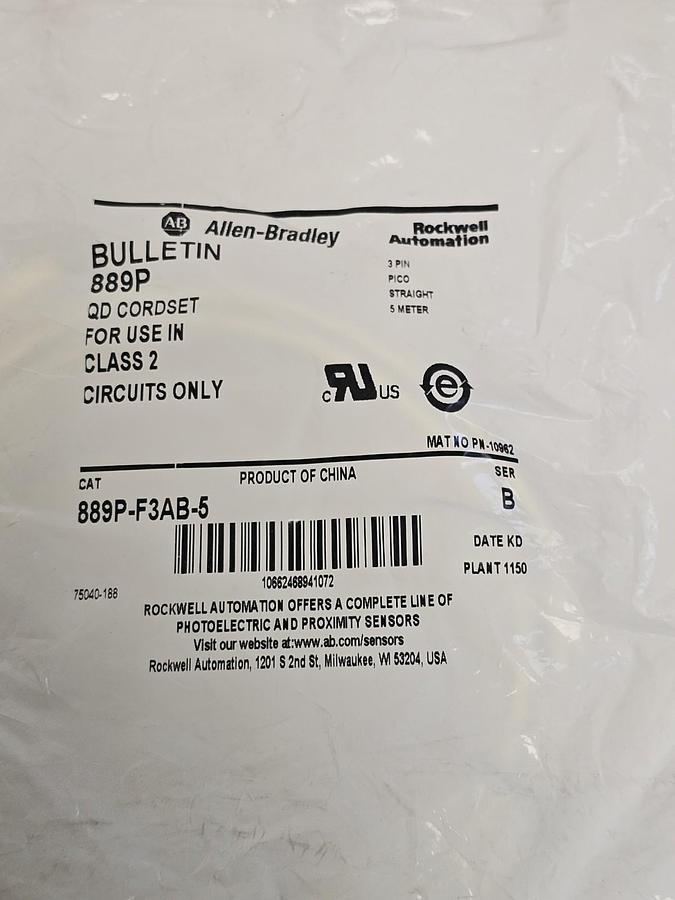 NEW ALLEN BRADLEY 889P-F3AB-5 SER. B 3-PIN 5M QD CORDSET 889PF3AB5